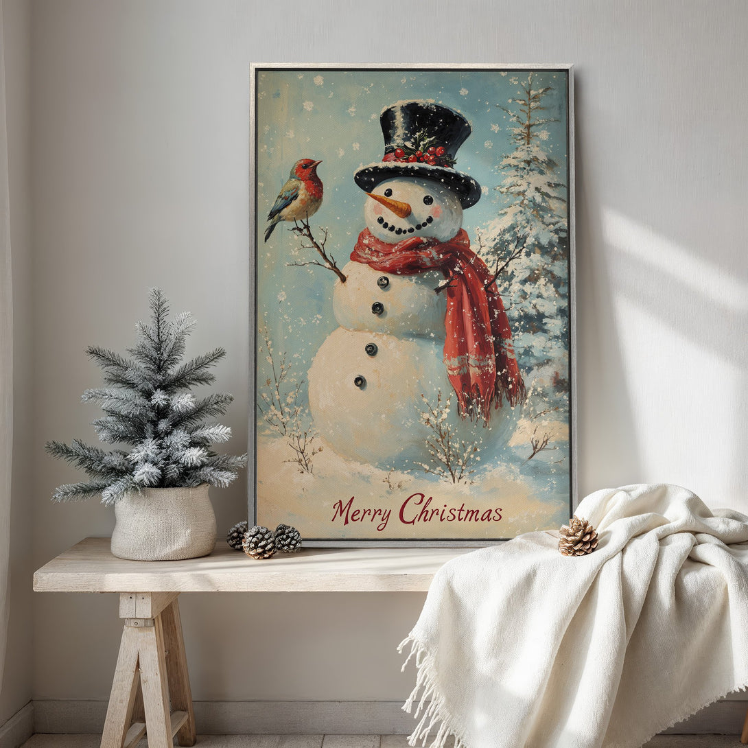 Framed Wall Art: Charming snowman with a red scarf and bird, vintage style, wintery blue and red color palette. Perfect Christmas decor!