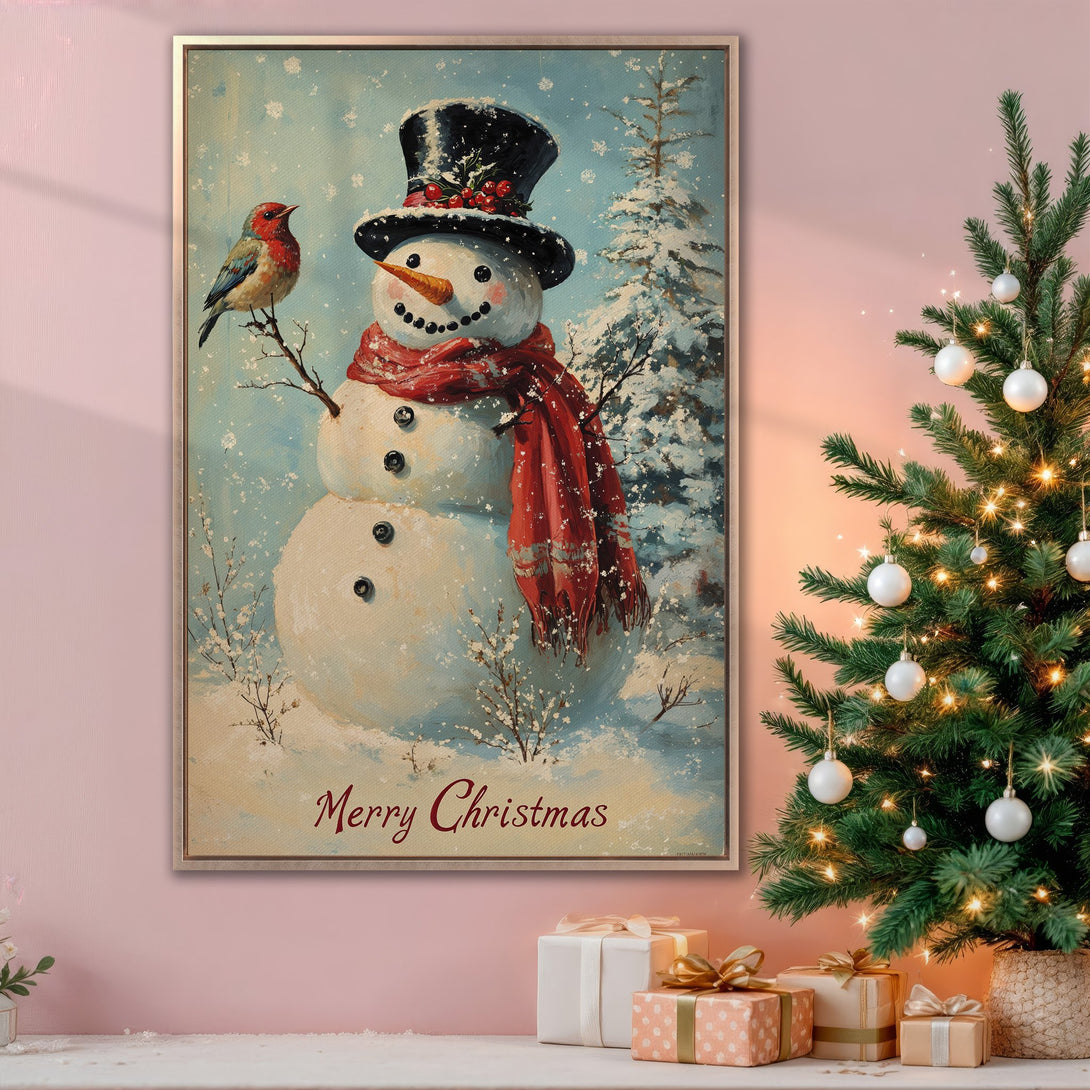 Framed Wall Art featuring a charming snowman with a bird, in a vintage style. Festive winter scene with a blue, red, and white color palette, perfect for Christmas decor.