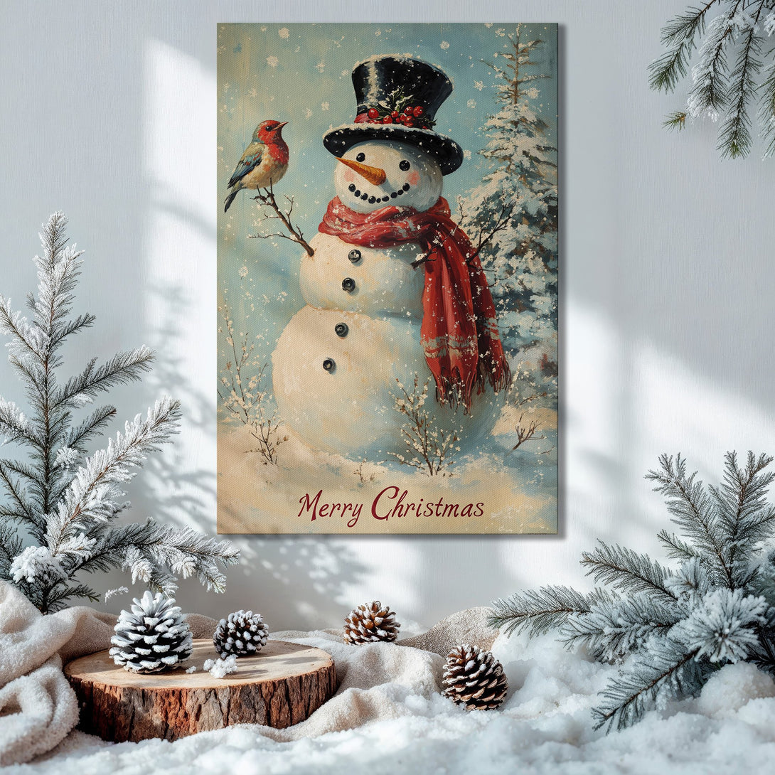 Framed Wall Art: Festive Christmas snowman print in a cozy interior. Winter scene with blue, red, and gold color palette. Perfect holiday decor!