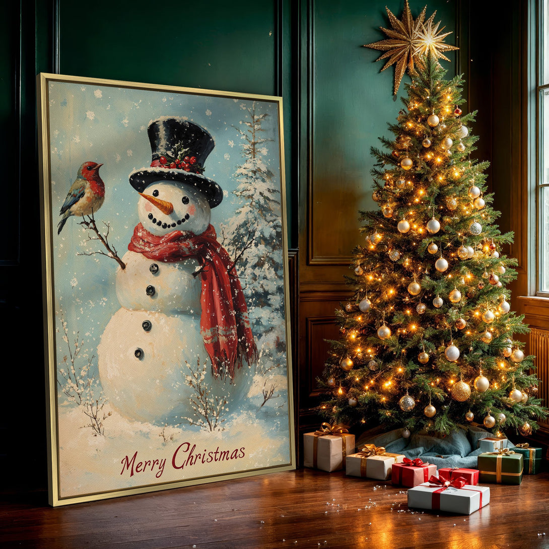 Canvas Print featuring a whimsical snowman with a bird, in a vintage style. Soft blue, red, and white color palette, perfect for Christmas decor.