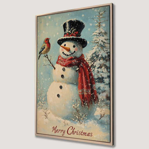 Framed Wall Art featuring a charming snowman with a red scarf and bird, vintage style, in a snowy blue and white winter scene. Merry Christmas!