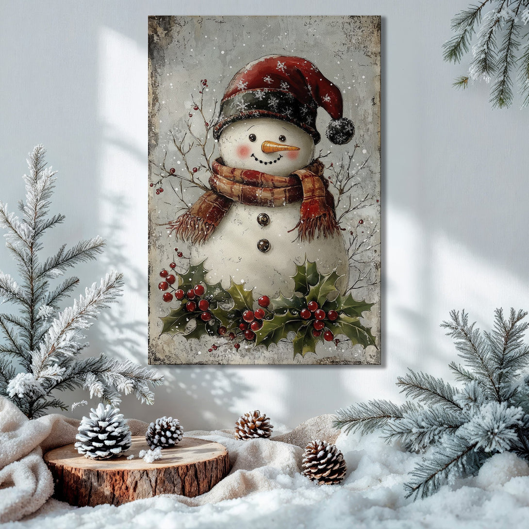 Framed Wall Art: Charming snowman print in rustic style with red, brown, and green hues, perfect for holiday decor. Festive Christmas scene.