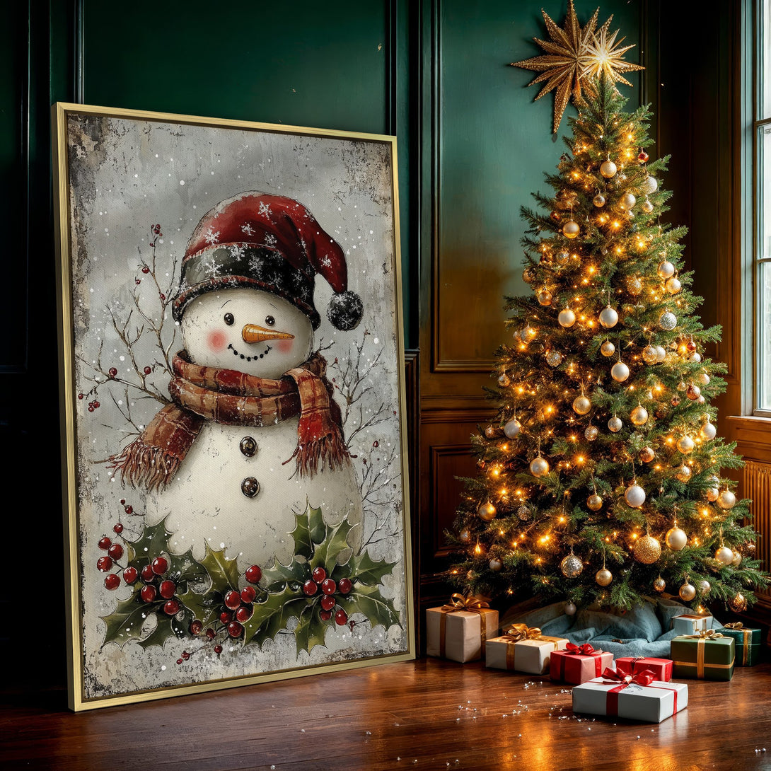Canvas Print featuring a charming snowman in a vintage style, with a warm red and brown color palette perfect for winter decor.