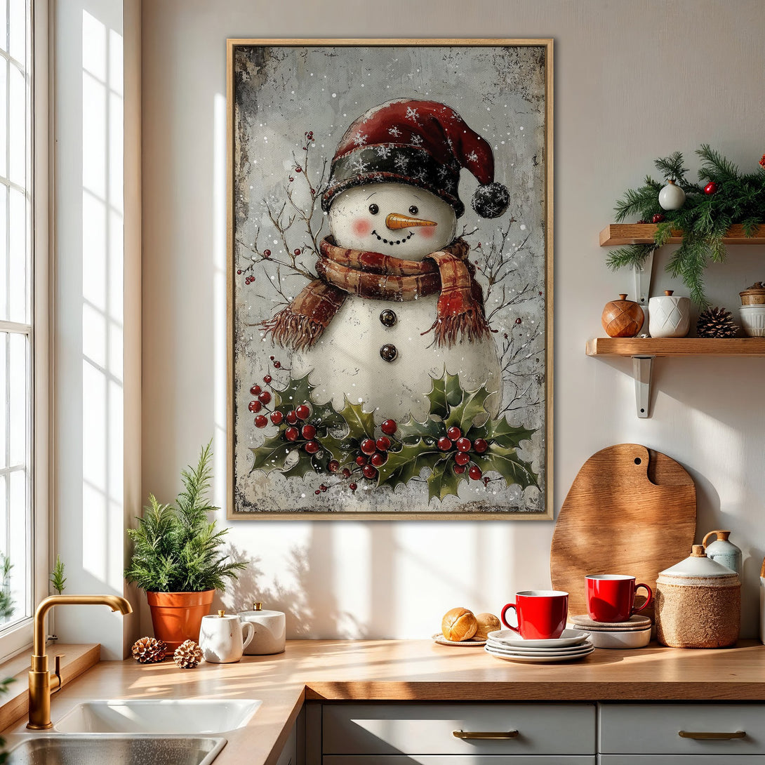 Framed Wall Art: Cozy snowman painting in a vintage style, featuring red and neutral tones. Perfect holiday decor for a warm and inviting home.