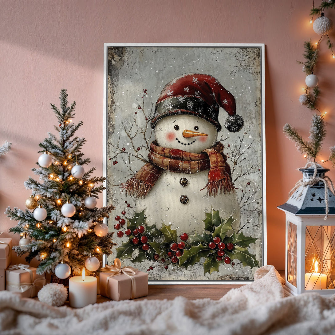 Framed Wall Art: Charming snowman print with a vintage style, featuring a red and neutral color palette. Perfect for festive holiday decor.