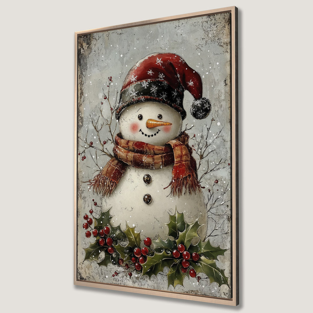 Framed Wall Art featuring a charming snowman with a red hat and scarf, set against a snowy, vintage-style backdrop. Festive, warm color palette.