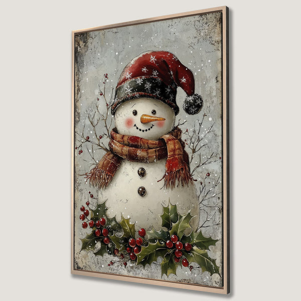 Framed Wall Art featuring a charming snowman with a red hat and scarf, set against a snowy, vintage-style backdrop. Festive, warm color palette.