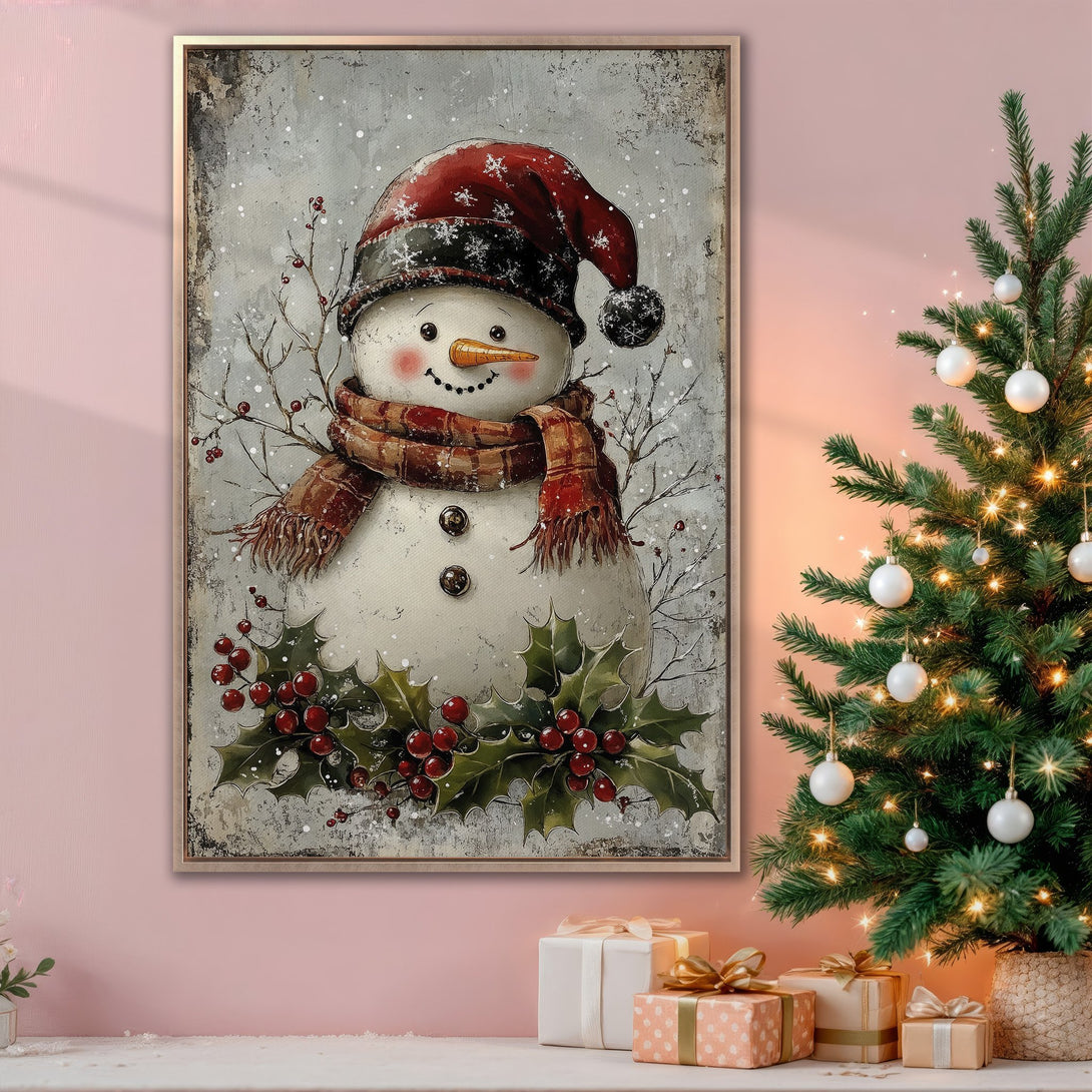 Framed Wall Art: Charming snowman painting with a rustic style, featuring a red and brown color palette, perfect for holiday decor.