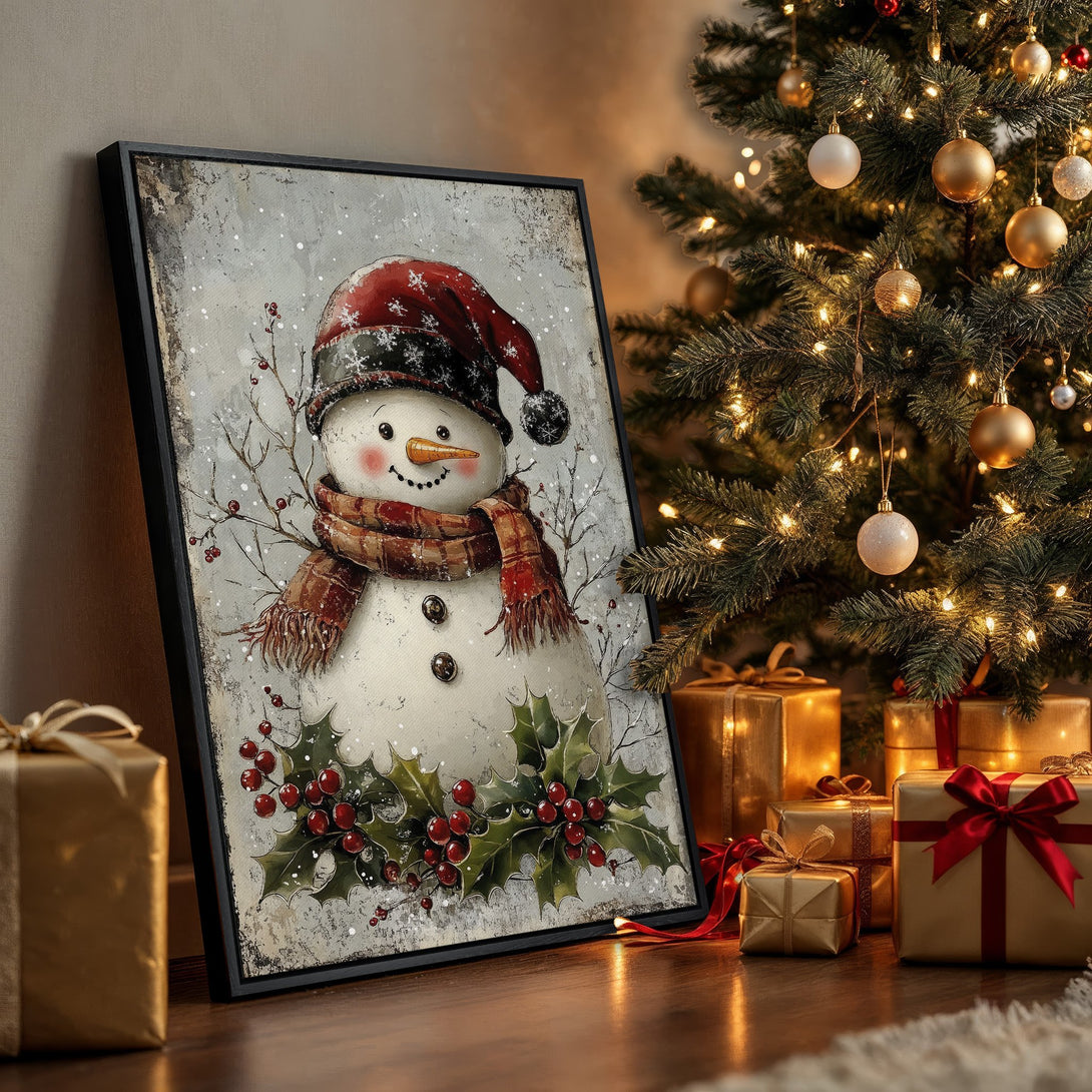Framed Wall Art: Festive snowman print with red, green, and neutral tones. Perfect Christmas decor for a cozy, vintage-inspired holiday look.