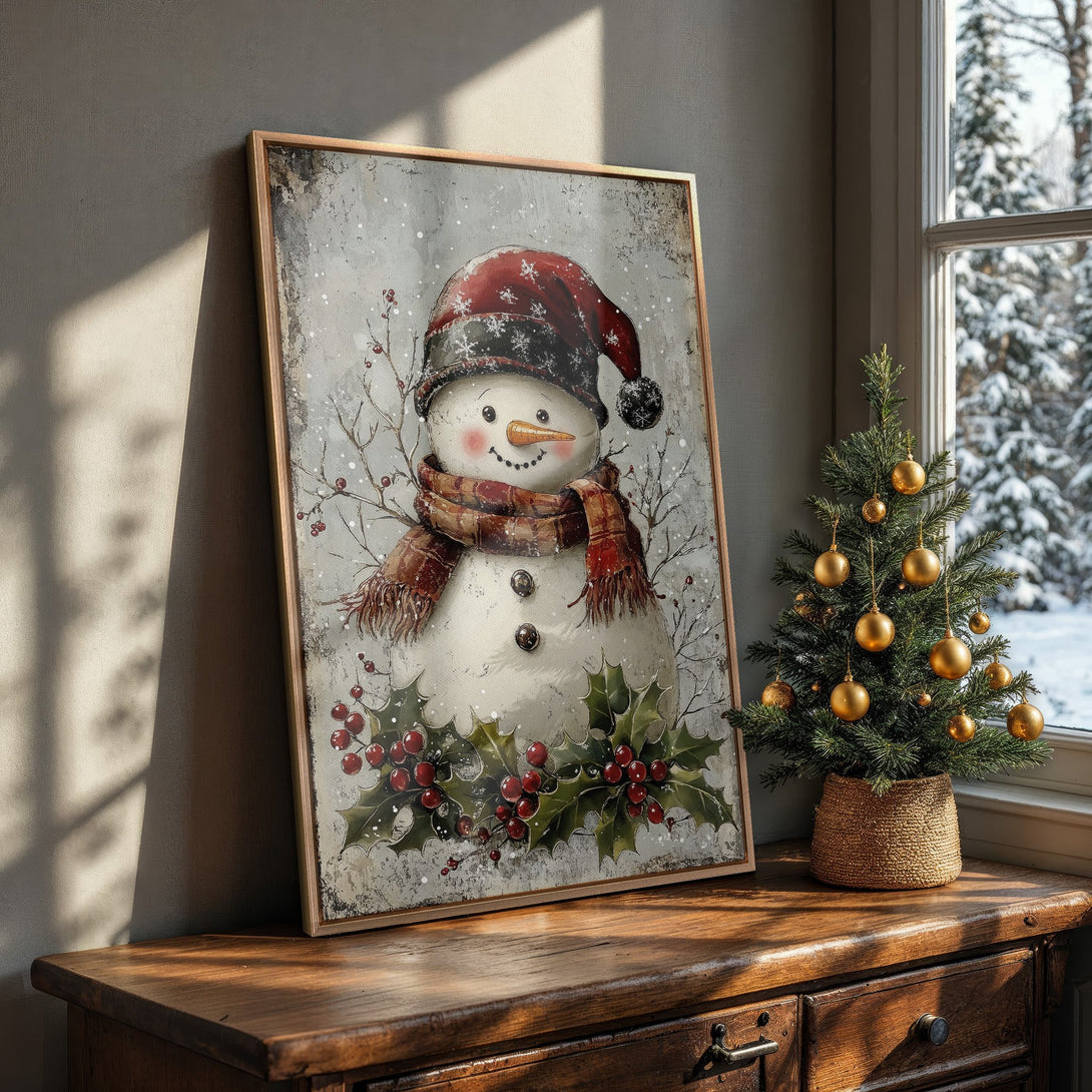 Framed Wall Art: Charming snowman art in vintage style with red, white, and brown color palette. Perfect winter decor for your home!