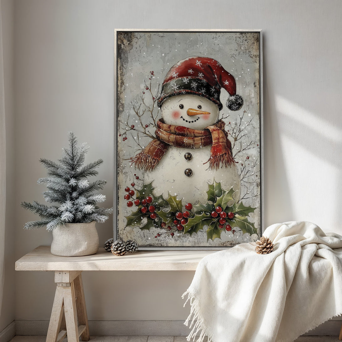 Framed Wall Art featuring a charming snowman with a red hat and scarf, in a vintage style. Soft gray, red, and green color palette, perfect for holiday decor.