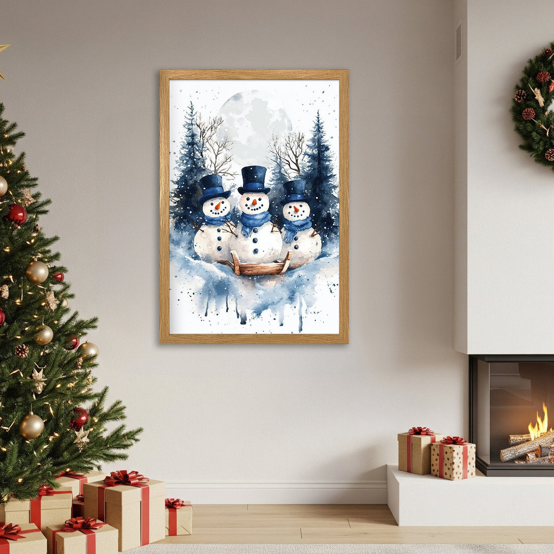 Framed Poster featuring watercolor snowmen in a winter scene. Blue and white color palette, perfect for Christmas decor.