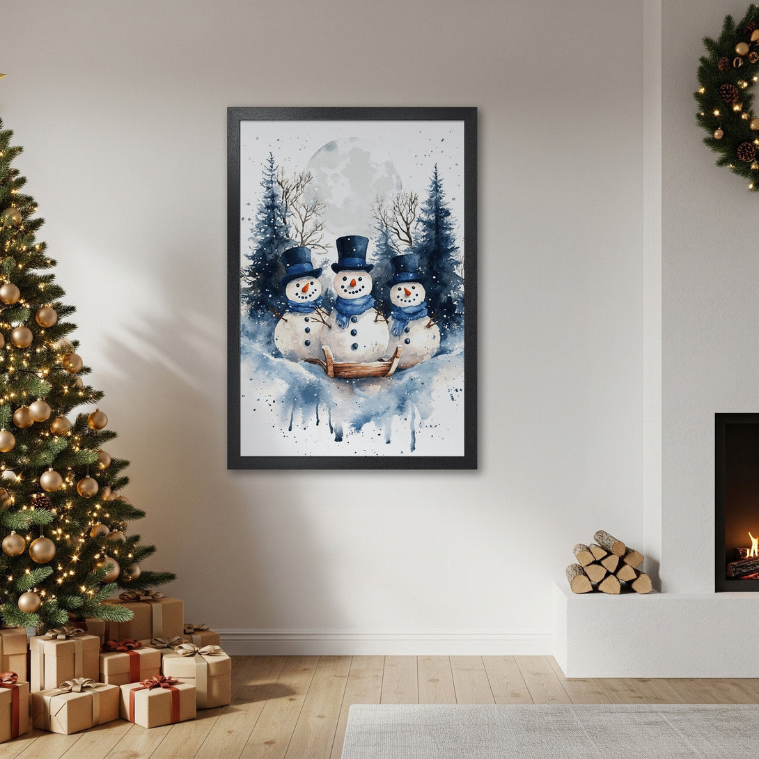 Framed Poster featuring watercolor snowmen in a winter scene with a blue and white color palette. Perfect holiday decor!