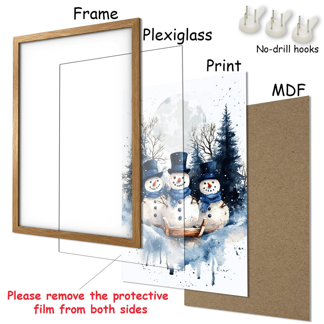 Framed Poster featuring watercolor snowmen in a winter scene. Soft blue and white color palette, perfect holiday decor.