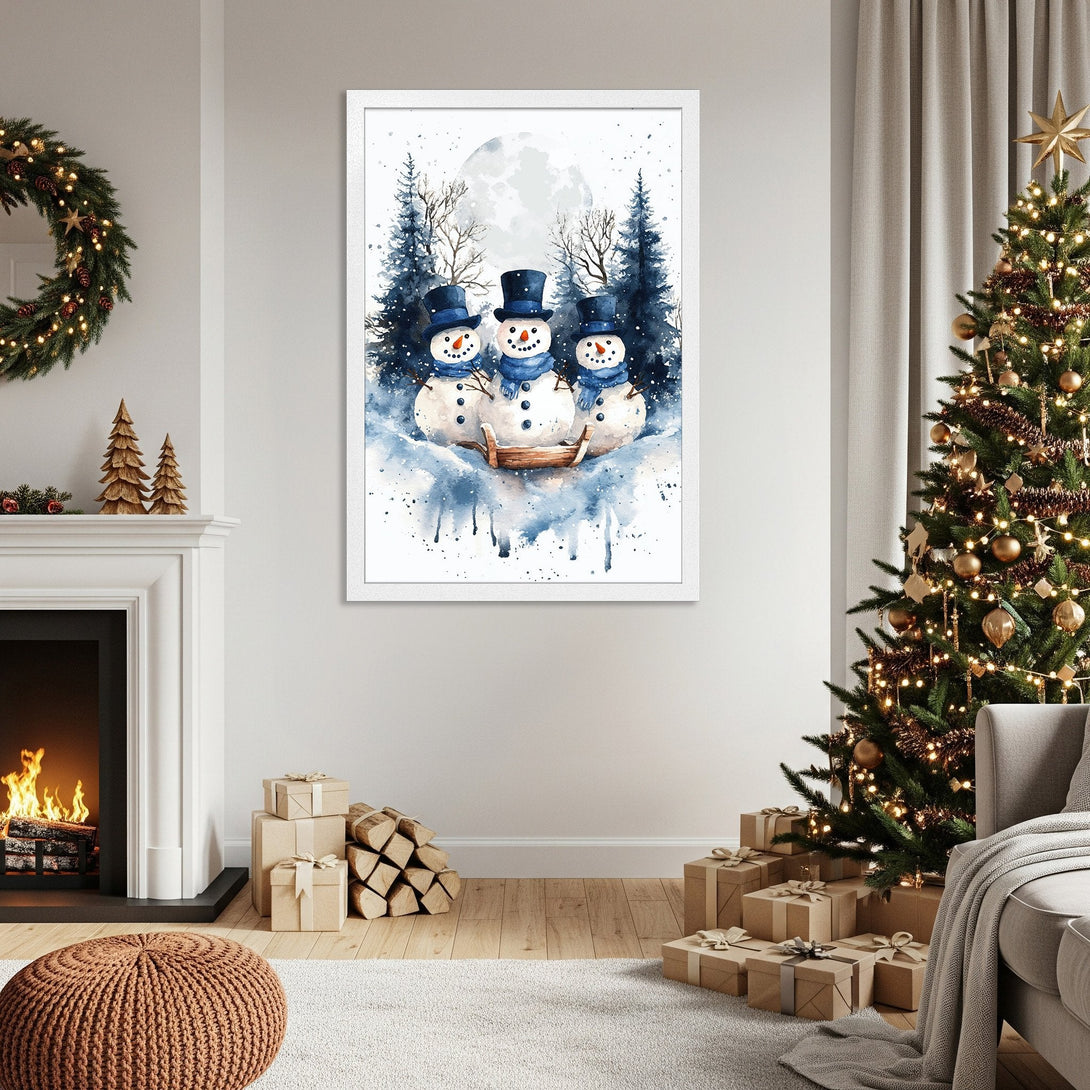 Framed Poster featuring watercolor snowmen in a winter scene. Blue and white color palette, perfect for Christmas decor.