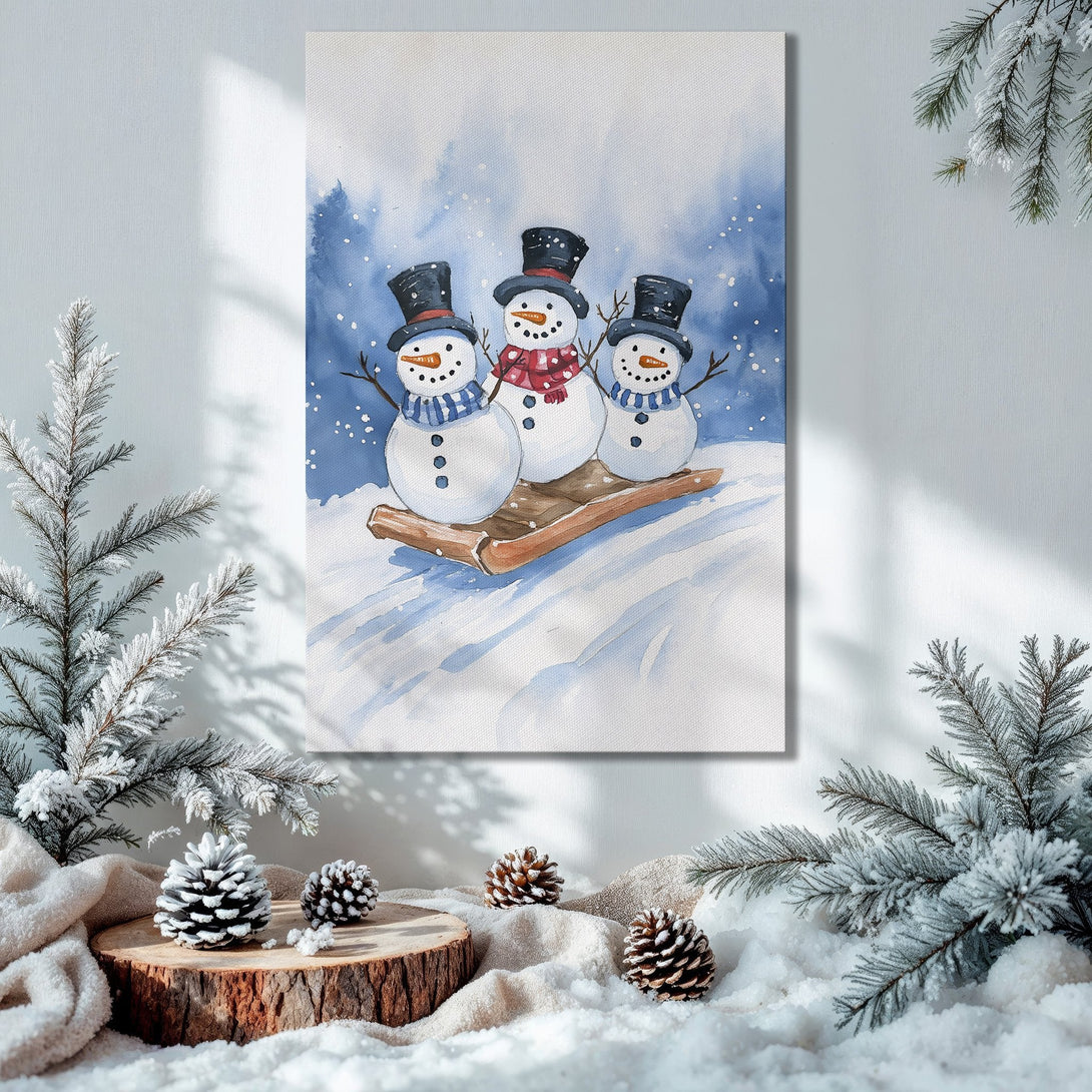Framed Wall Art: Adorable watercolor snowman art in a winter scene. Features blue & white palette, perfect for holiday decor. Shop now!