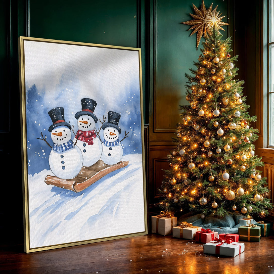 Canvas Print of watercolor snowmen in a winter scene. Charming holiday art with blue and white tones. Perfect for seasonal decor.