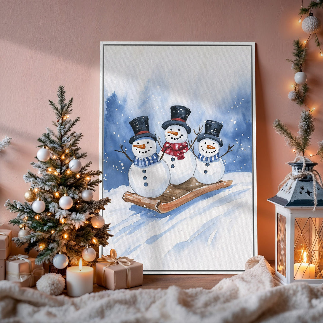 Framed Wall Art: Watercolor snowman scene in blue and white. Perfect winter decor for your home. Shop now!