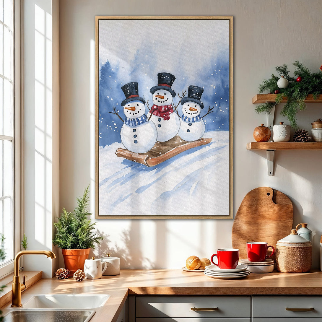 Framed Wall Art: Watercolor snowman scene in blue & white, perfect for winter decor. Adds a cozy touch to any space. Get yours today!