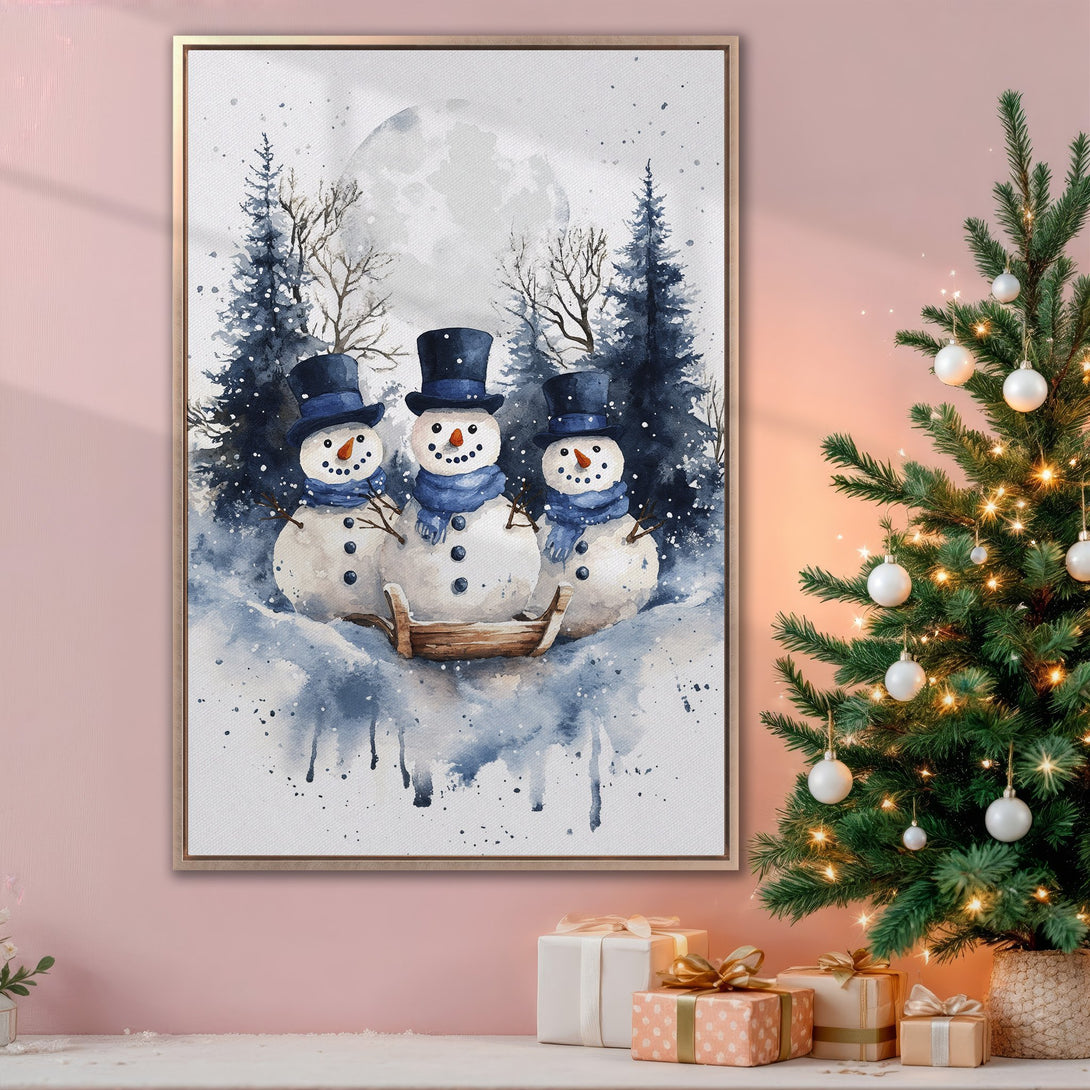 Framed Wall Art featuring a watercolor snowman scene in a winter forest. Blue and white color palette. Perfect for holiday decor!