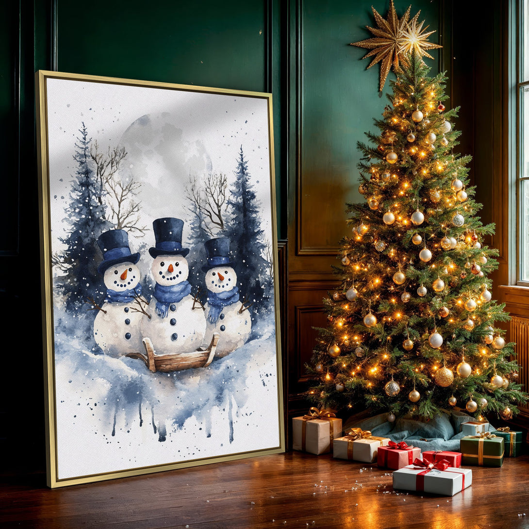 Watercolor Canvas Print featuring three snowmen in a winter scene, blue and white color palette, perfect holiday decor.