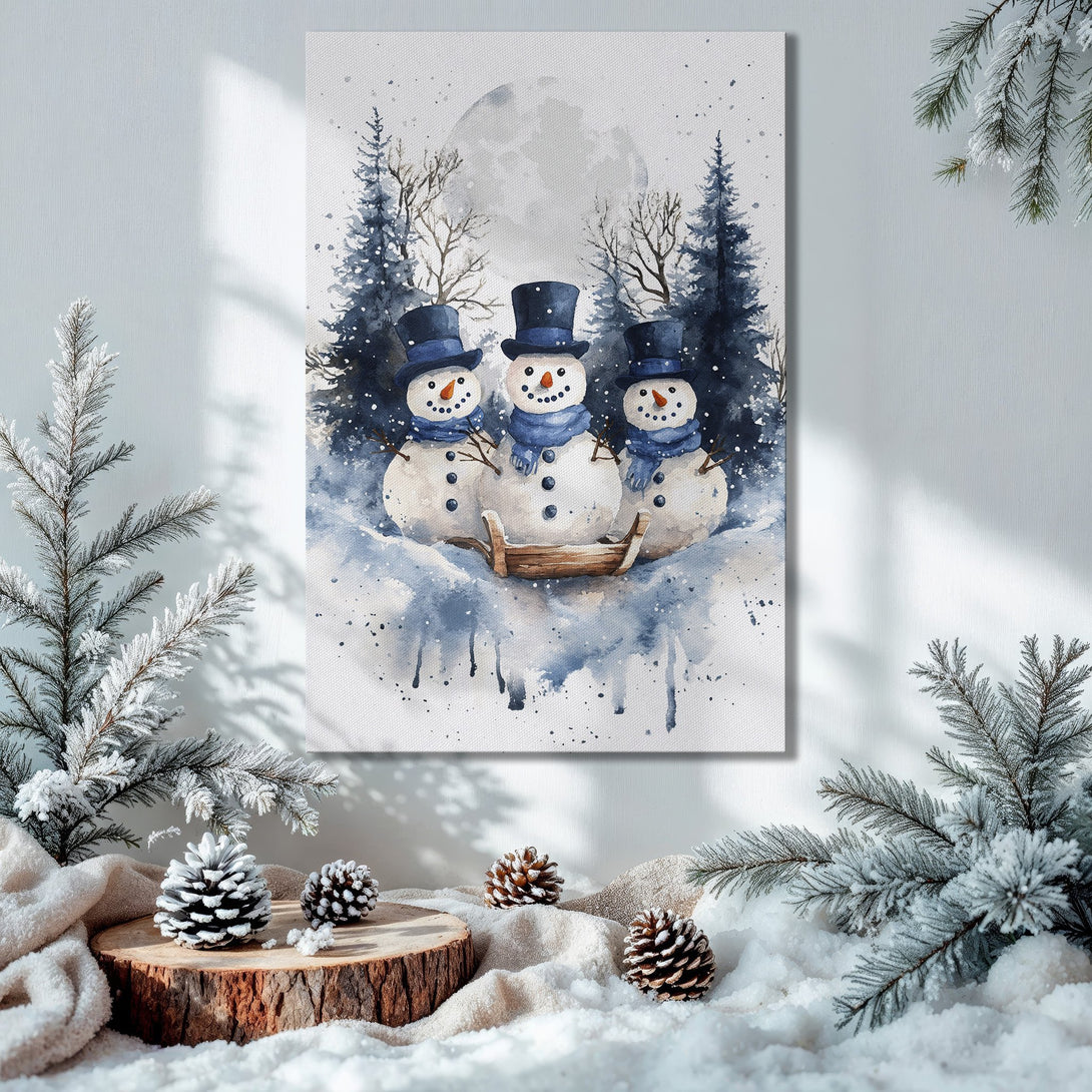 Framed Wall Art: Watercolor snowman scene in blue and white, perfect for winter decor. Cozy holiday vibes for your home!