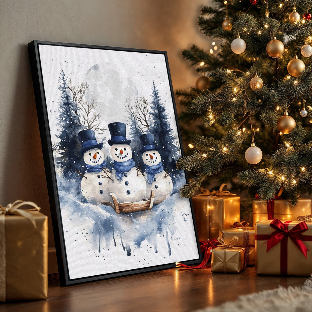 Framed Wall Art: Watercolor snowman scene in blue and white, perfect for winter decor. Cozy holiday art to brighten your space.