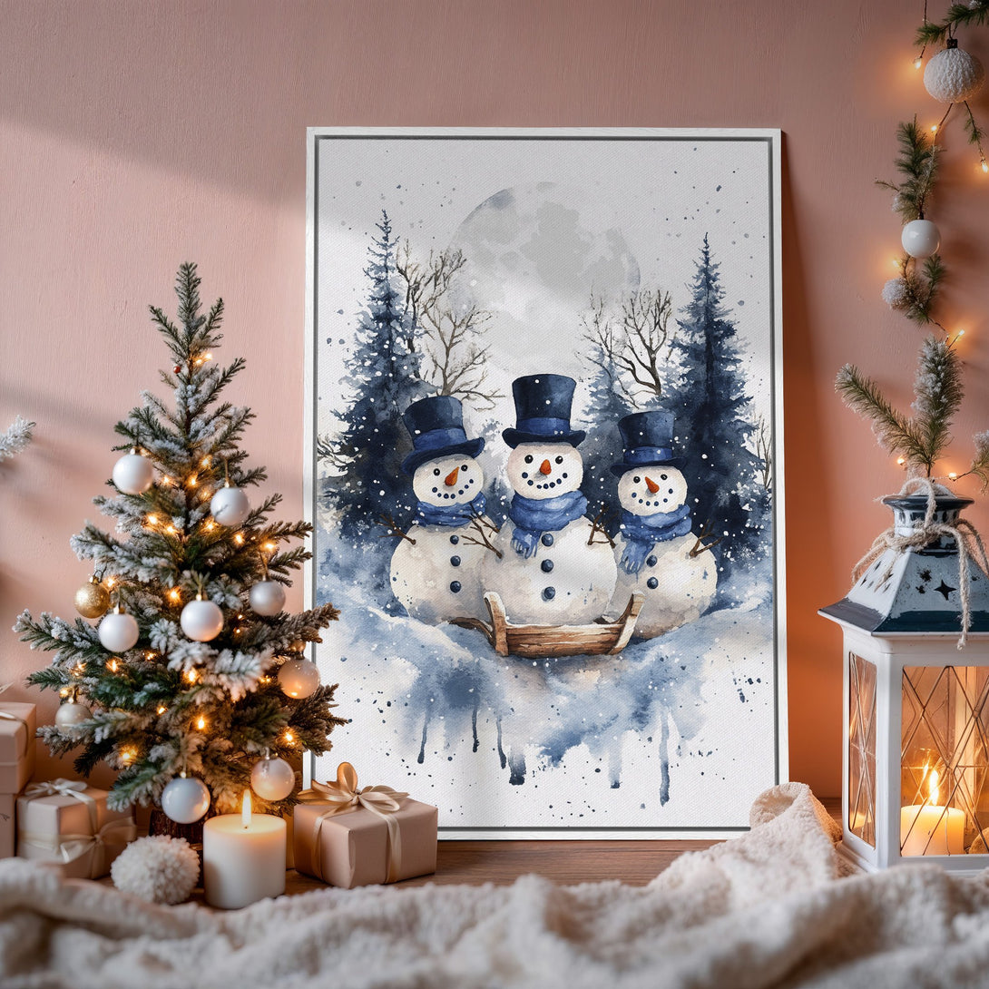 Framed Wall Art: Watercolor snowman scene in blue and white. Perfect winter decor for your home. Add a touch of holiday charm!
