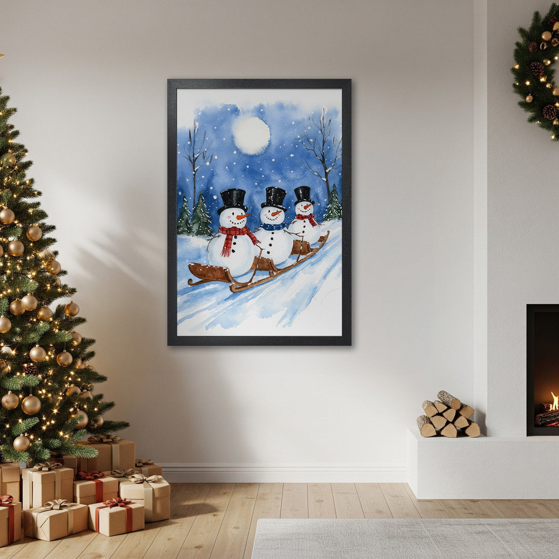 Framed Poster of snowmen sledding in watercolor style, blue and white palette, perfect for Christmas decor.