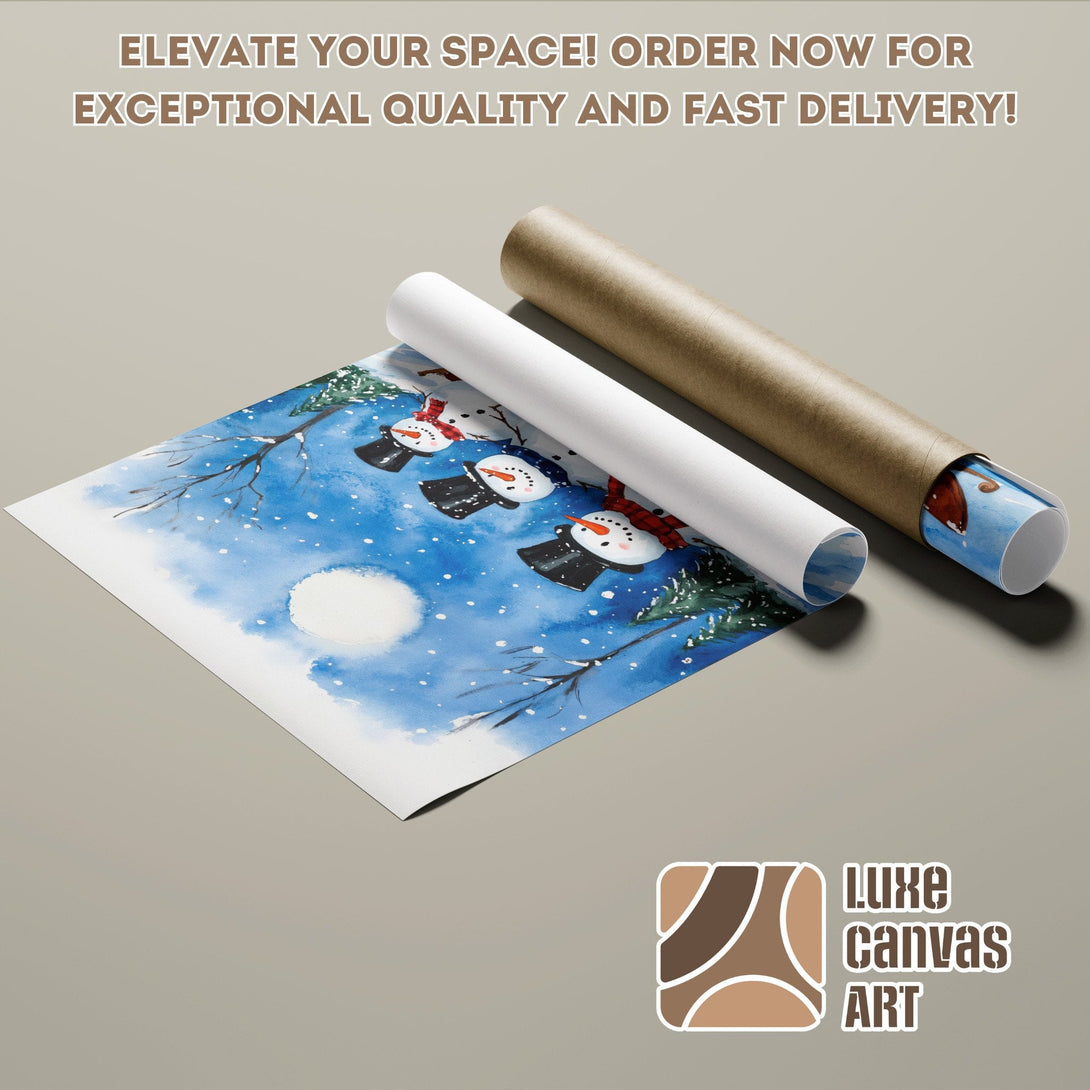 Watercolor snowman poster roll, blue & white winter art, perfect wall decor. Order your poster today!