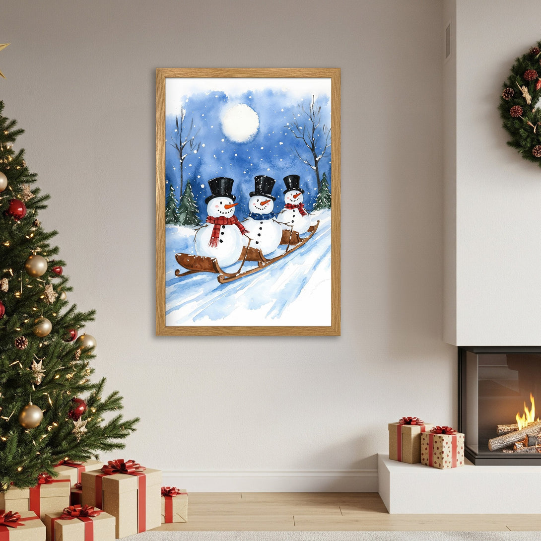 Framed Poster featuring watercolor snowmen sledding. Winter scene in blue, white, and red. Perfect holiday decor!
