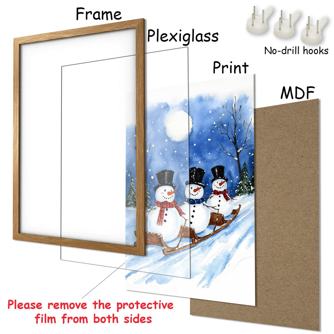 Framed Poster featuring a watercolor winter scene with snowmen. Blue and white color palette, charming and festive wall art.