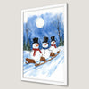 Whimsical Snowmen Sledding Art Poster for Holiday Cheer