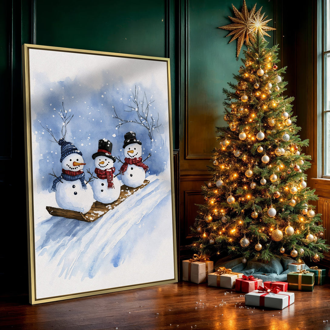 Canvas Print of watercolor snowmen in a winter scene. Charming wall art with a blue and white color palette, perfect for holiday decor.