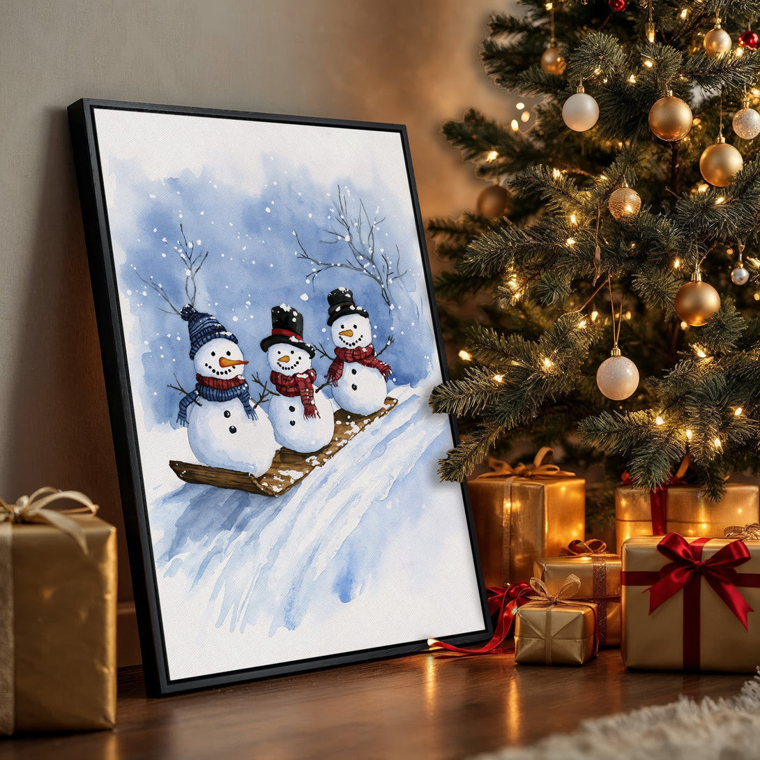 Framed Wall Art: Watercolor snowman scene in blue and white. Perfect holiday decor for your home! Festive and charming.