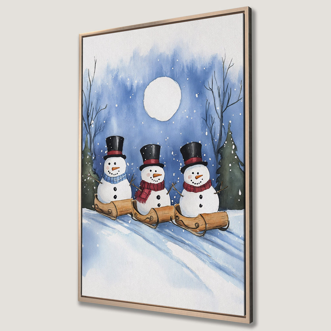 Framed Wall Art: Whimsical watercolor painting of snowmen on sleds in a winter scene. Blue and white color palette, perfect for holiday decor.