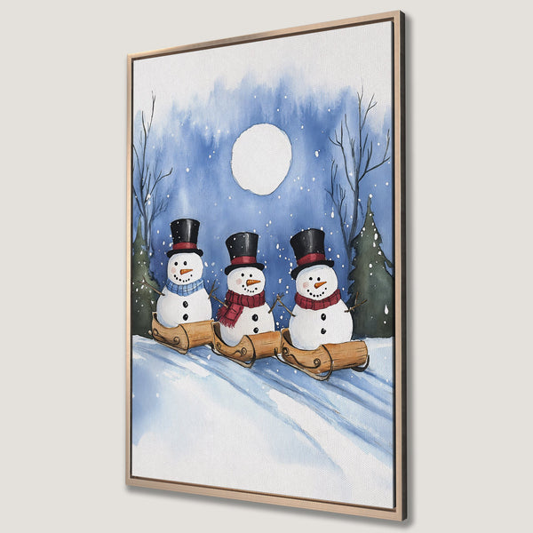 Framed Wall Art: Whimsical watercolor painting of snowmen on sleds in a winter scene. Blue and white color palette, perfect for holiday decor.