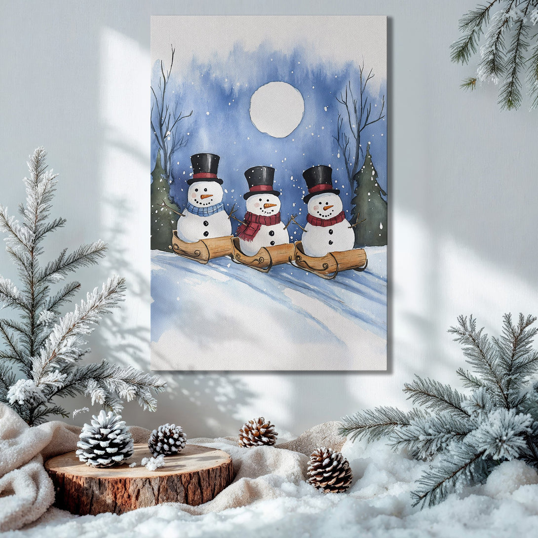 Framed Wall Art: Watercolor snowman scene in blue & white, perfect for winter decor. Festive holiday art for your home.