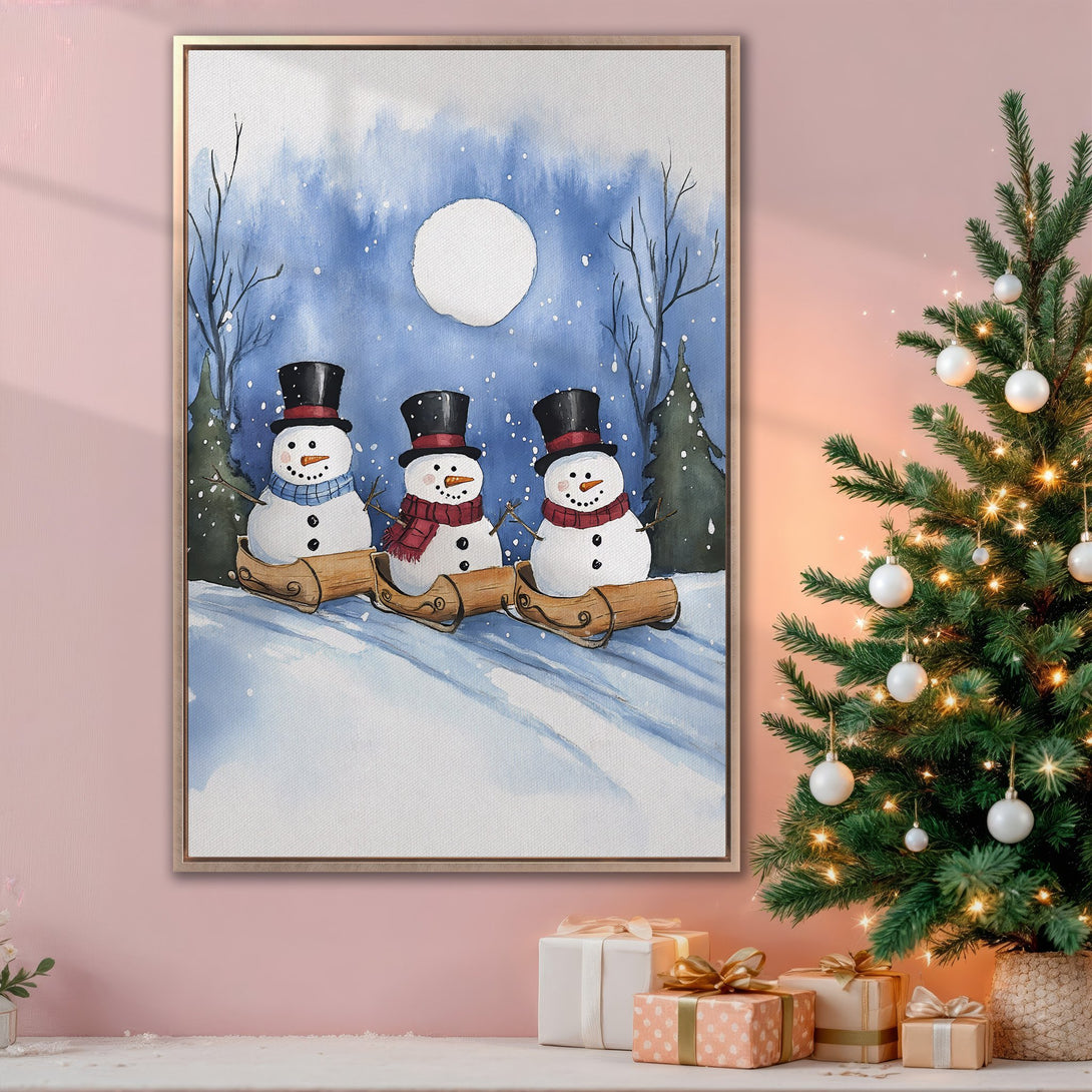 Framed Wall Art: Watercolor winter scene with snowmen in a blue and white palette. Perfect Christmas decor for a cozy, festive home. Shop now!
