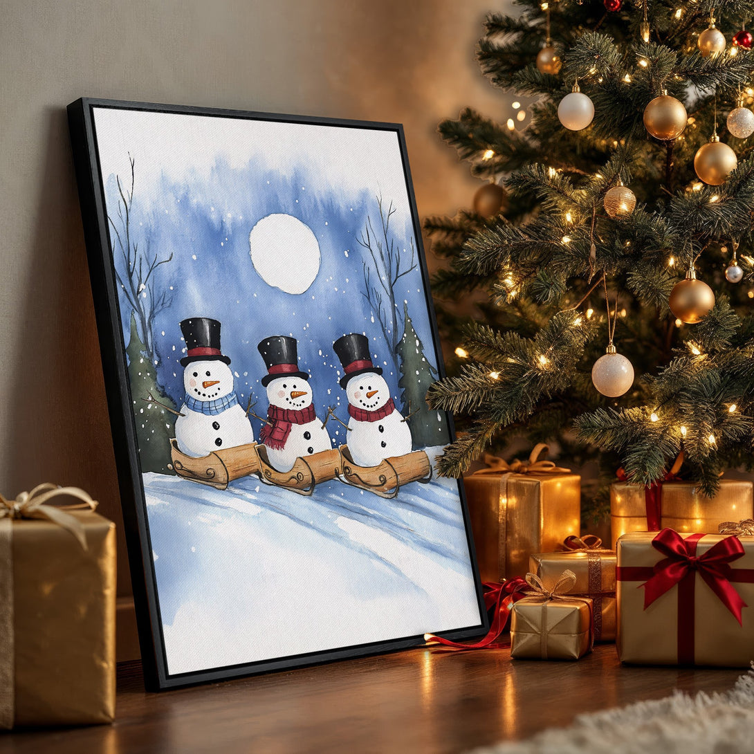 Framed Wall Art: Watercolor painting of snowmen in a winter scene, displayed in a festive holiday setting. Blue and white color palette.