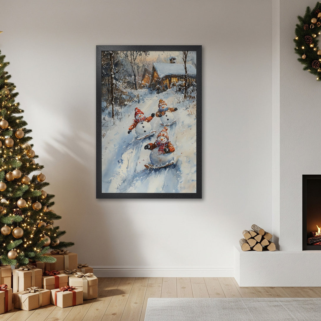 Framed Poster featuring a watercolor winter scene with snowmen. Warm, inviting color palette. Perfect holiday decor!