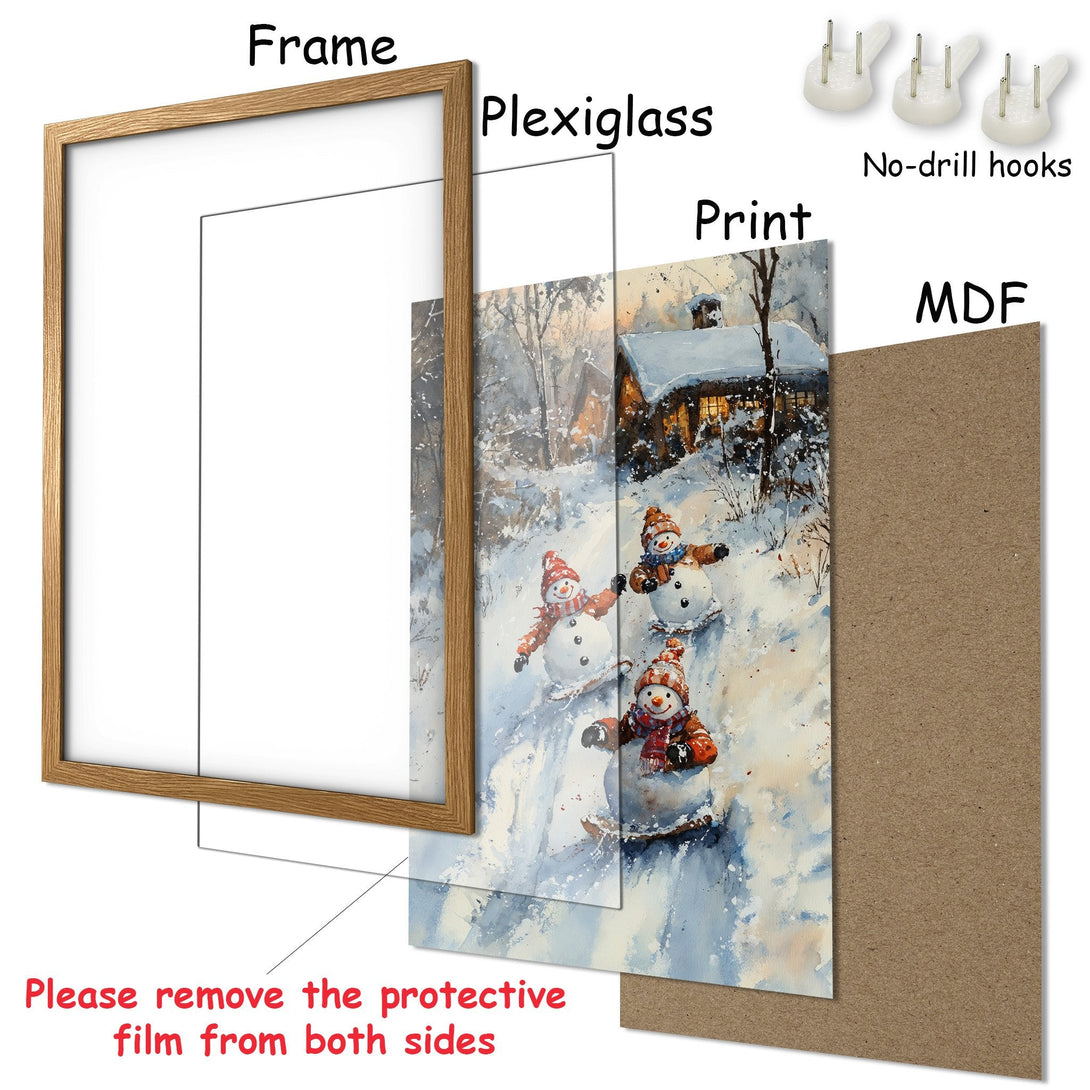 Framed Poster featuring a winter scene with snowmen in a watercolor style, soft blues, whites, and warm orange tones. Perfect holiday decor!