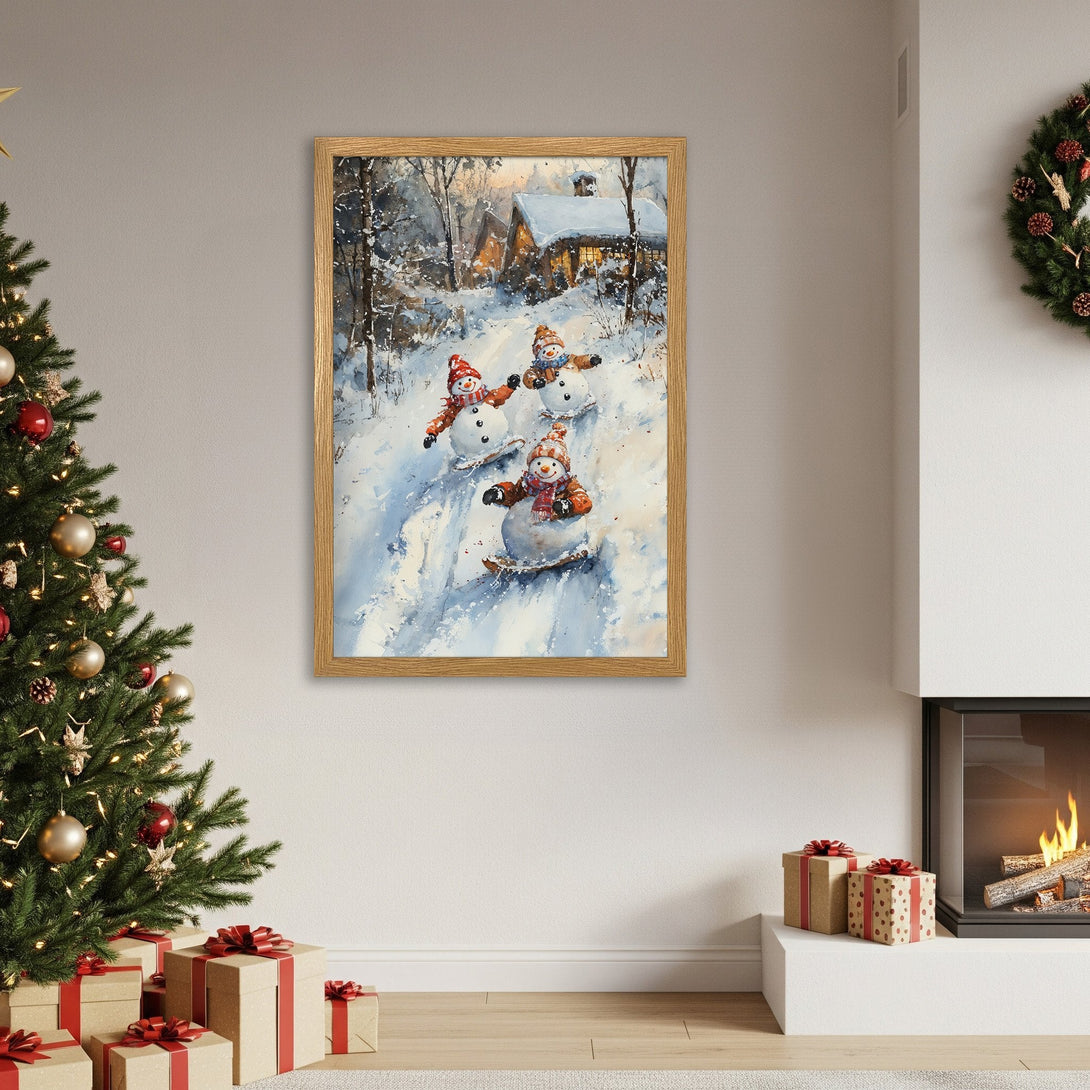 Framed Poster of snowmen skiing in watercolor style, featuring a winter scene with a blue and white color palette, perfect for Christmas decor.