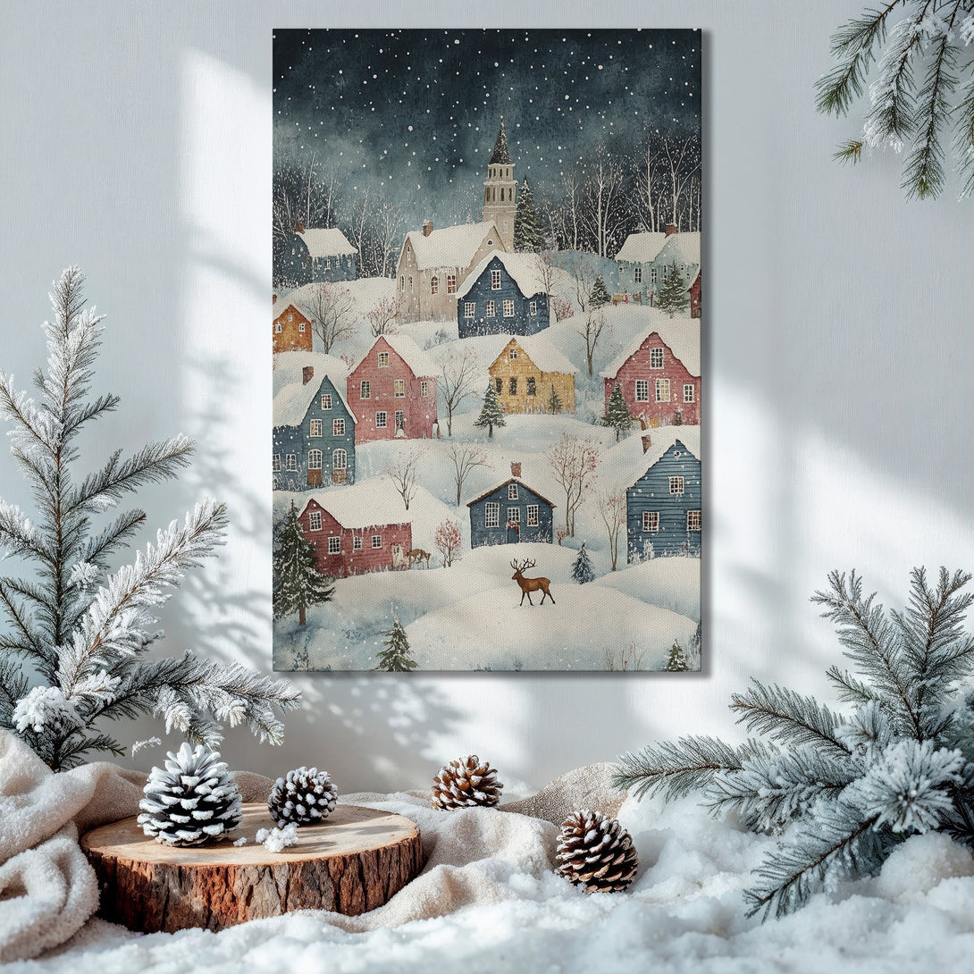 Framed Wall Art: Winter village scene in watercolor style. Featuring a snowy landscape with colorful houses. Warm color palette, perfect for holiday decor.