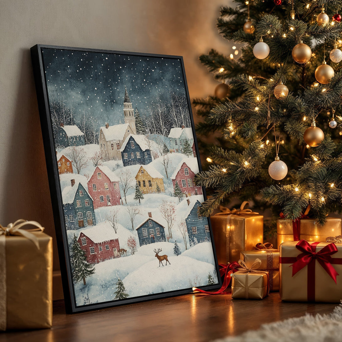 Framed Wall Art: Watercolor winter village scene in blue, red, and yellow hues. Cozy art perfect for holiday decor. Shop Canvas Prints now!