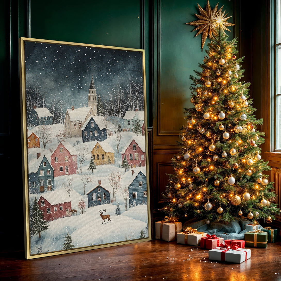 Canvas Print of a snowy village scene in watercolor style, featuring colorful houses. A cozy winter landscape with blue, red, and yellow hues.
