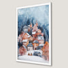 Whimsical Snowy Village Winter Landscape Art Poster for Holiday Decor