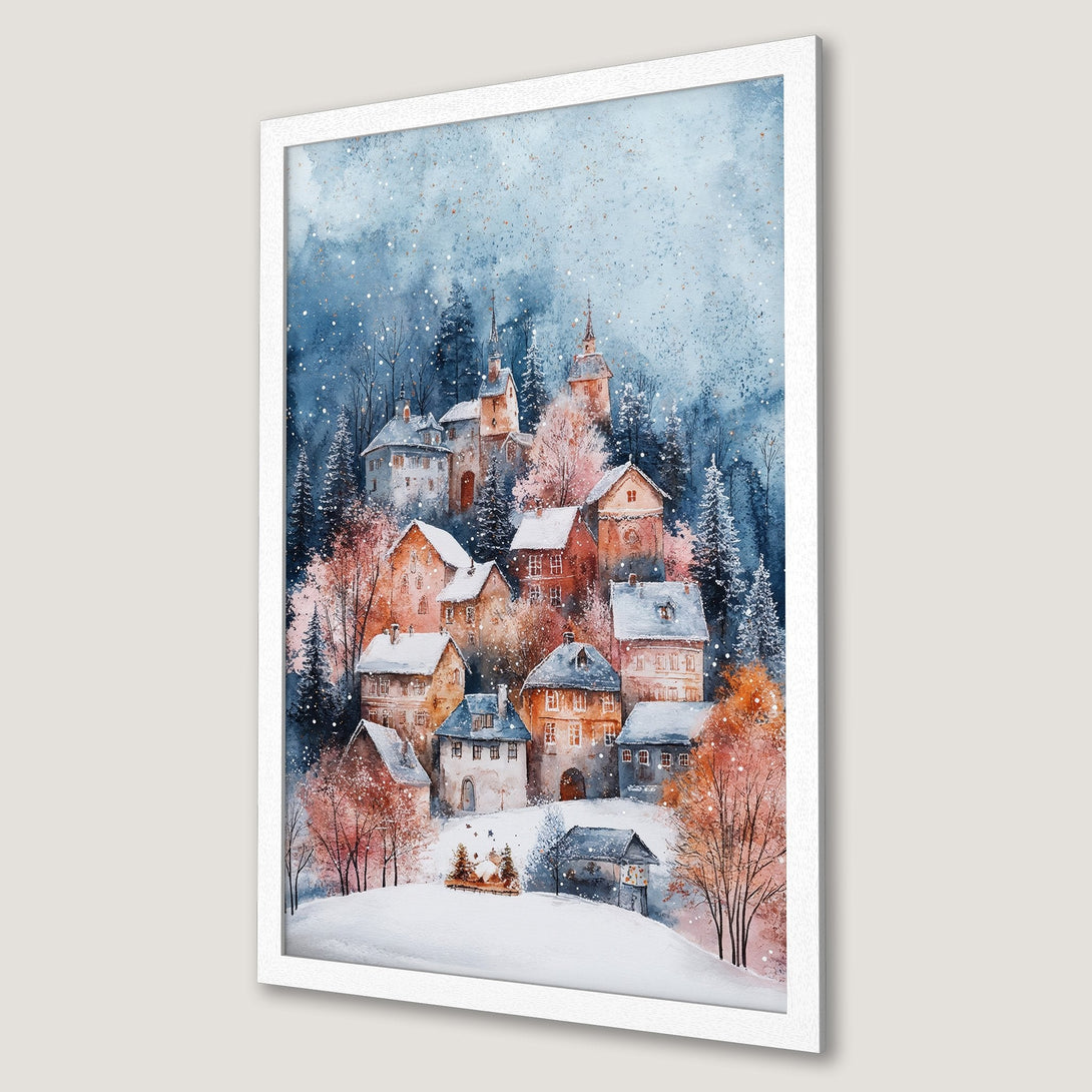 Framed Poster of a winter village scene, watercolor style with blue, orange, and white hues. Perfect for cozy home decor!