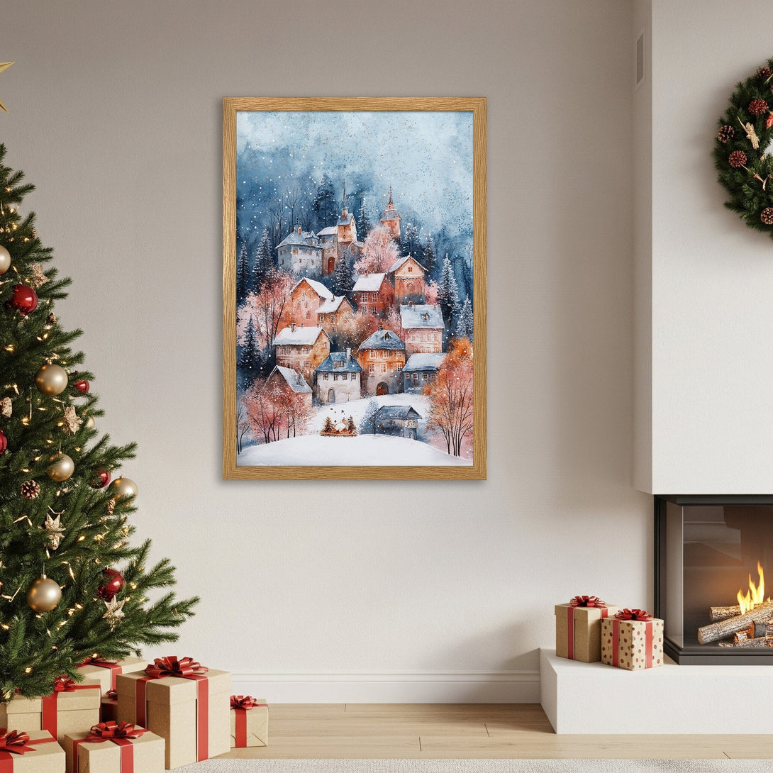 Framed Poster of a winter village scene, watercolor style, with blue, orange, and white tones. Perfect for holiday decor!