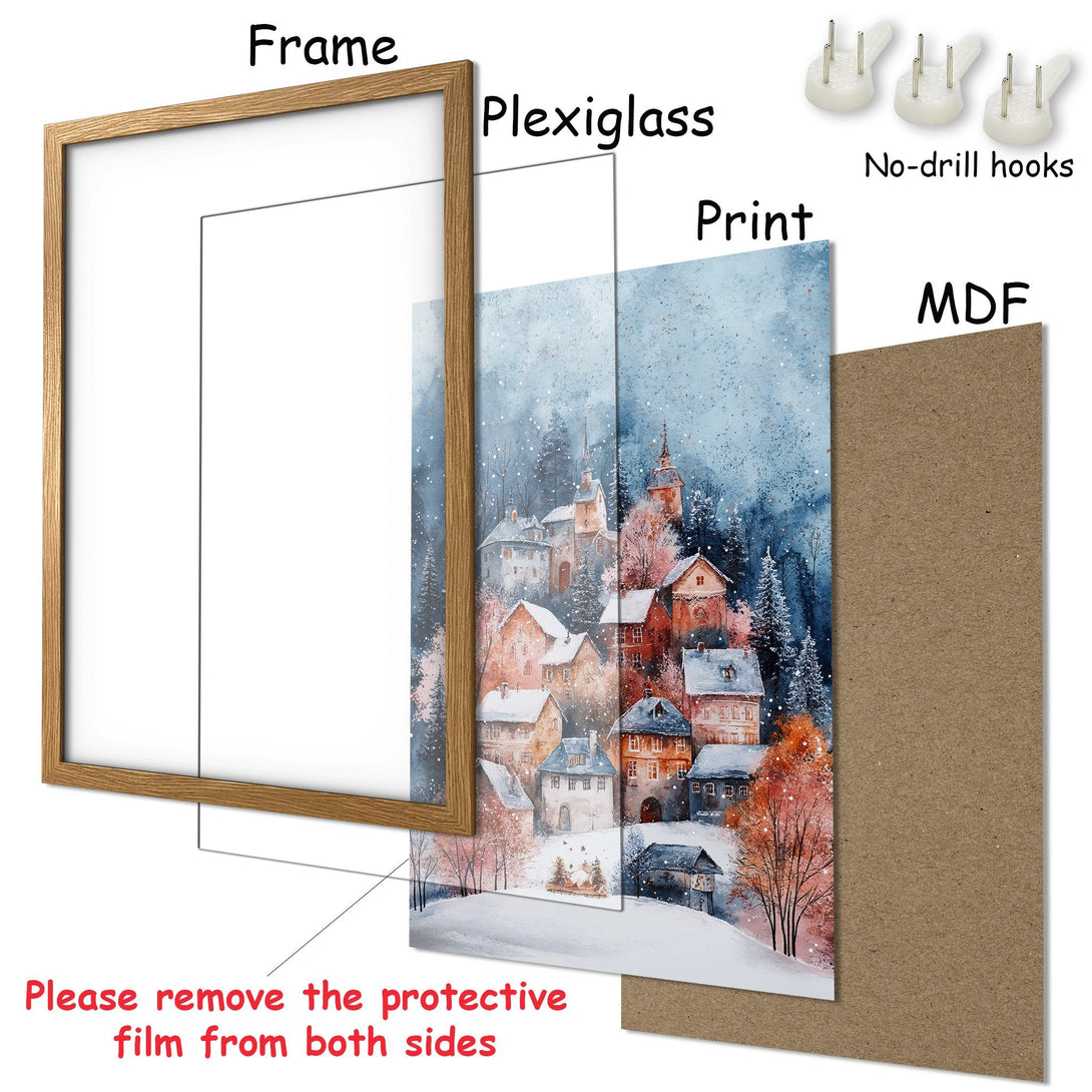 Framed Poster featuring a watercolor winter village scene. Rustic style with a blue, orange, and white color palette. Perfect wall art!